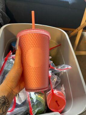 Starbucks Coral Pink Studded Cold Cup with Straw